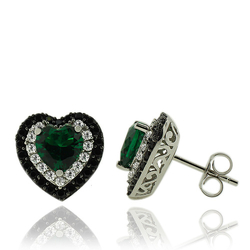 Sterling Silver Earrings With Emerald Gemstones In Heart Shape