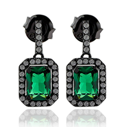 Precious Black Silver Earrings With Emerald Gemstones In Emerald Cut