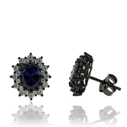 Black Silver & Tanzanite Earrings in Oval Cut