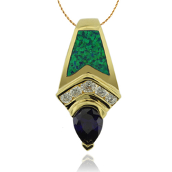 Gold Plated Pendant With Tanzanite in Drop Cut and Australian Opal.