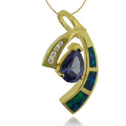 Great Gold Plated Pendant With Tanzanite in Drop Cut and Australian Opal.