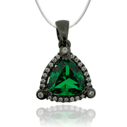 Gorgeous Black Silver Pendant With Emerald Gemstone In Trillion Cut and Zirconia.