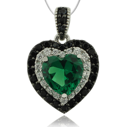 Sterling Silver Pendant With Emerald Gemstone in Hearth Shape and Zirconia.