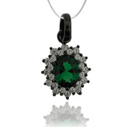 Amazing Black Silver Pendant With Emerald Gemstone In Oval Cut and Zirconia.