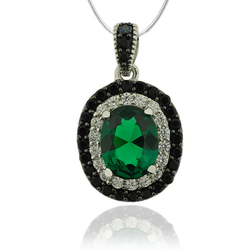 Sterling Silver Pendant With Emerald Gemstone in Oval Cut and Zirconia.