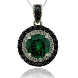 Sterling Silver Pendant With Emerald Gemstone in Round Cut and Zirconia.