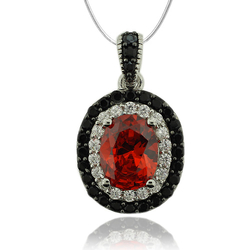 Sterling Silver Pendant With Fire Opal Gemstone in Oval Cut and Zirconia.