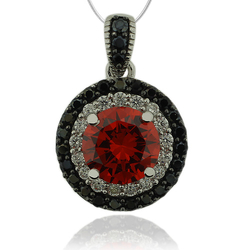Sterling Silver Pendant With Fire Opal Gemstone in Round Cut and Zirconia.