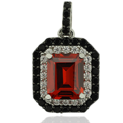 Sterling Silver Pendant With Fire Opal Gemstone in Emerald Cut and Zirconia.