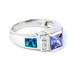 Blue Australian Opal Ring with Tanzanite in .925 Silver