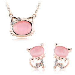 Pretty Pink Cat Necklace and Cat Earrings Set