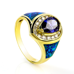 Opal and Gold Plated Ring With Great Drop Cut Tanzanite Gemstone