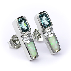 Emerald Cut Alexandrite and White Opal .925 Silver Earrings
