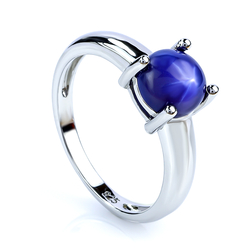 Round Cabuchon Blue Star Sapphire Solitaire Ring