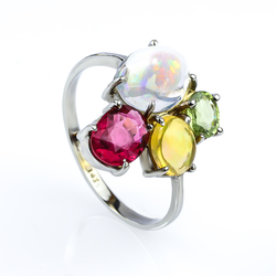 Genuine Mexican Opal, Rubelite and Tsavorite Gold Ring