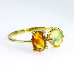 Genuine Mexican Fire Opal 14K Gold Ring 2 Stone Ring