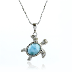 Genuine Larimar 925 Sterling Silver Sea Turtle Pendant