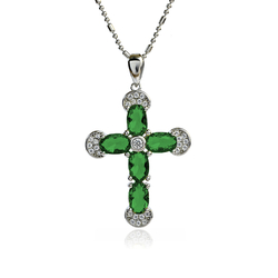 Beautiful Silver Cross With Emerald and Zirconia 32 mm x 20 mm