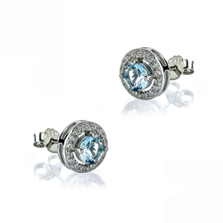 Round Cut Halo Solitaire Aquamarine .925 Silver Earrings