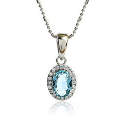 Oval Cut Solitaire Halo Aquamarine .925 Silver Pendant