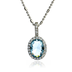 Oval Cut Halo Aquamarine .925 Silver Pendant