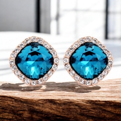 Lindos Aretes de Cristal Swarovski Color Azul Con Baño de Oro Rosa
