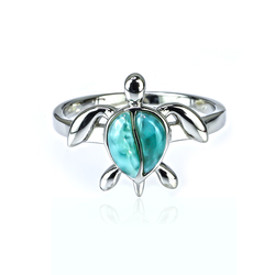 Natural Larimar Cabuchon 925 Sterling Silver Turtle Ring