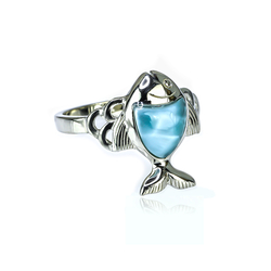 Genuine Larimar Cabuchon 925 Sterling Silver Fish Ring