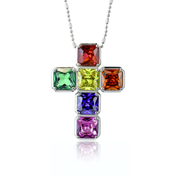 Mixed Gemstones Stones Cross Silver Pendant 2.8 cms x 2.1 cms