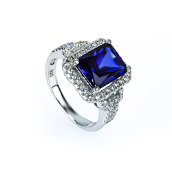 High Quality Emerald Cut Blue Sapphire Silver Ring