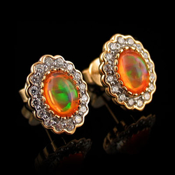 Oval Cut Fire Opal 14K Gold Plated Silver Stud Earrings