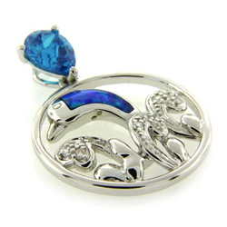 Australian Opal with Blue Topaz Dolphins Pendant