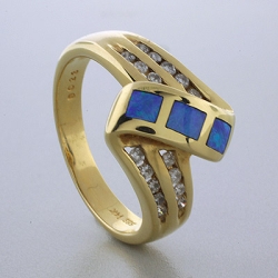 14k Solid Yellow Gold Australian Blue Opal Diamond Ring