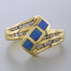 14k Solid Yellow Gold Australian Blue Opal Diamond Ring