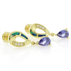 Hermosos Aretes de Tanzanita y Ópalo con Baño de Oro 14K