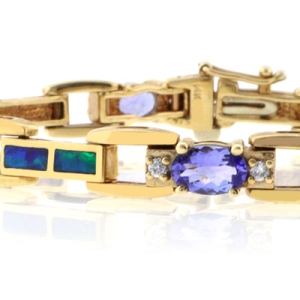 Pulsera de Oro Sólido de 14K con Tanzanita, Diamantes y Ópalo Naturales