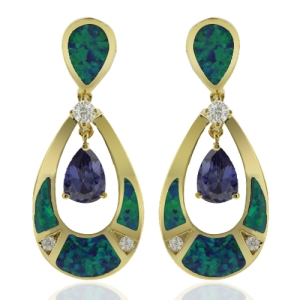 Amazing Gold Plated Earrings With Drop Cut Tanzanite and Australian Opal.