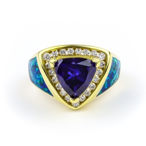 Anillo de Plata con Baño de Oro, Tanzanita y Opalo Azul