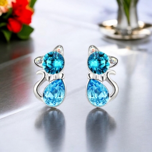 Aretes de Gatito de Cristal Swarovski Color Azul