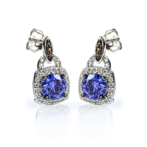 Juego de Pendiente y Aretes de Diamantes de Chocolate con Tanzanita y Plata