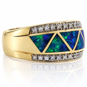 Anillo de Oro Amarillo Macizo 14K con Opalo y Diamantes