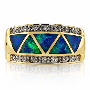 Anillo de Oro Amarillo Macizo 14K con Opalo y Diamantes