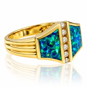Anillo de Oro Macizo 14K con Diamantes y Opalo