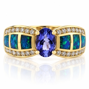 Anillo de Oro Macizo 14K con Opalo Australiano y Tanzanita