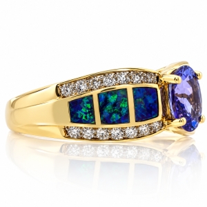 Anillo de Oro Macizo 14K con Opalo Australiano y Tanzanita