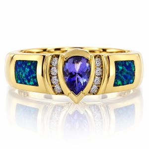 Anillo de Oro Solido con Opalo y Tanzanita