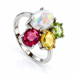 Anillo de Oro con Ópalo Mexicano, Rubelita y Tsavorita
