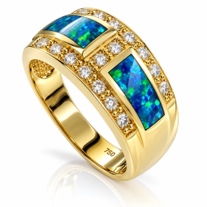 Anillo de Oro de 14K con Opalo Australiano con Diamantes Genuinos