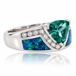 Anillo de Plata Fina .925 con Alejandrita ( Verde/Azul ) y Opalo