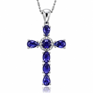Bella Cruz de Plata Con Piedras Preciosas de Tanzanita y Zirconia